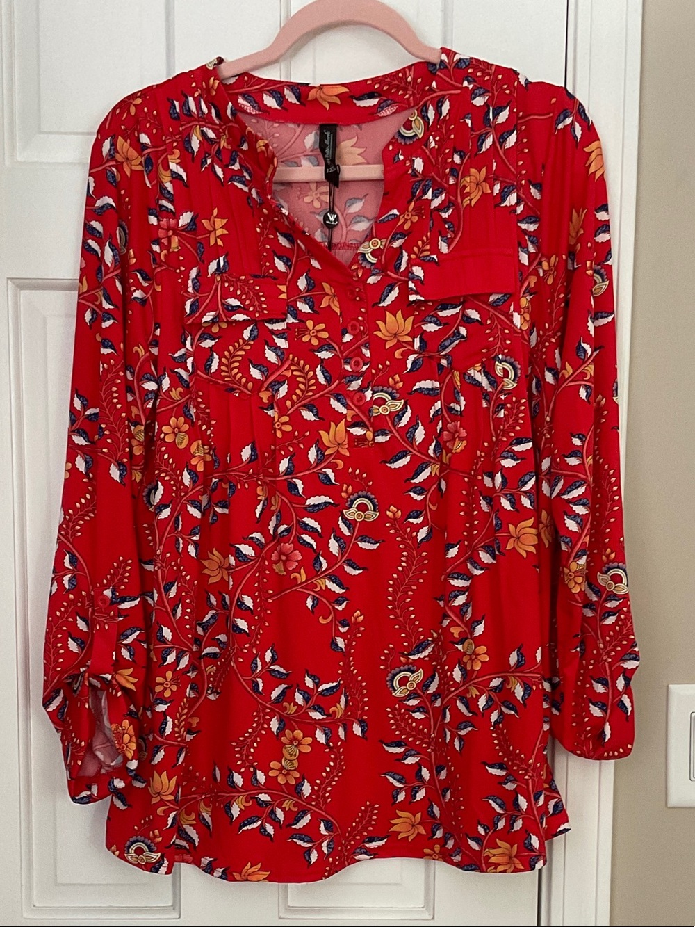 White Mark Red Floral V-Neck Peasant Tunic